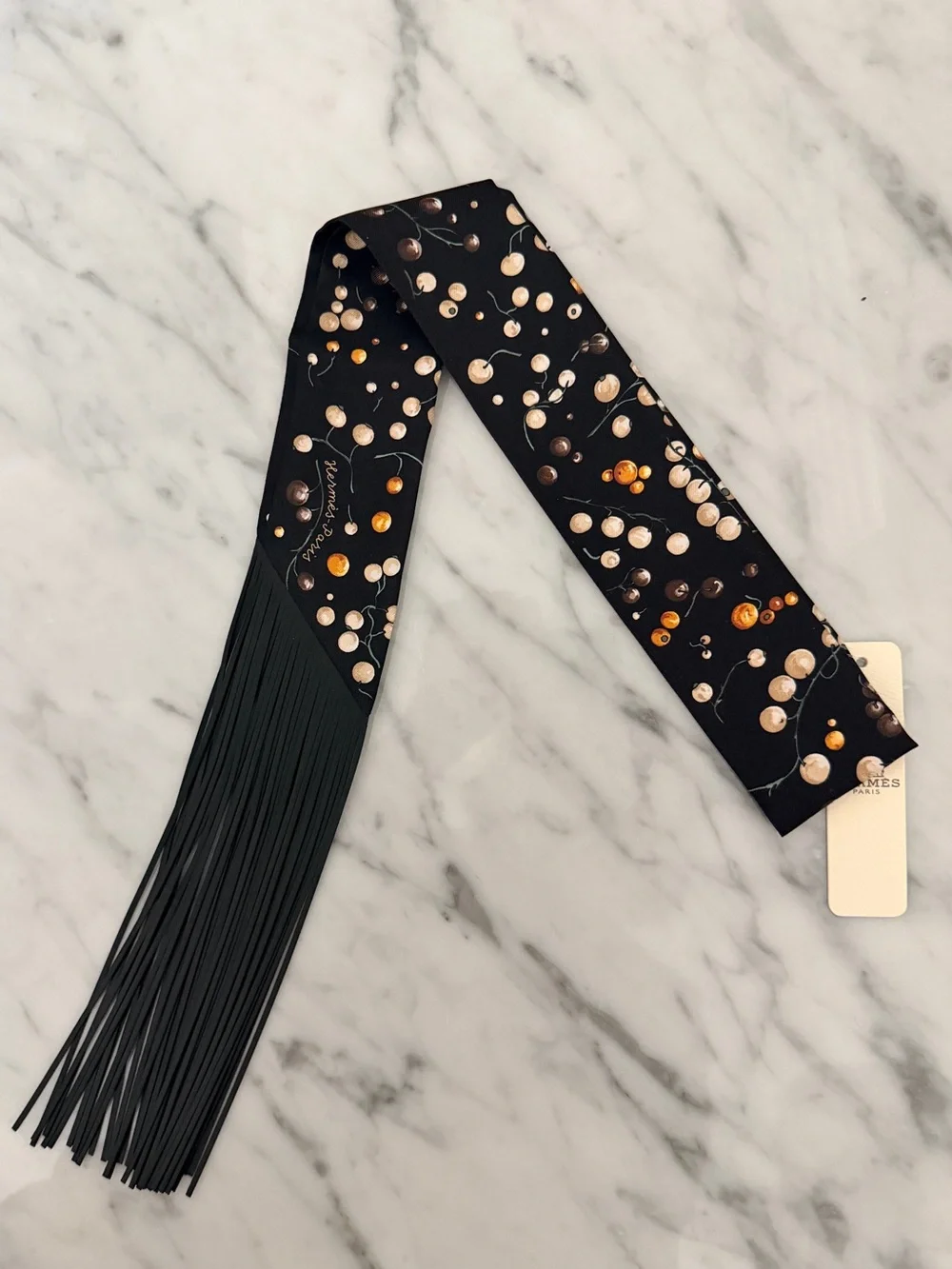 New Hermès Black Red Berries Leather Fringes Twilly